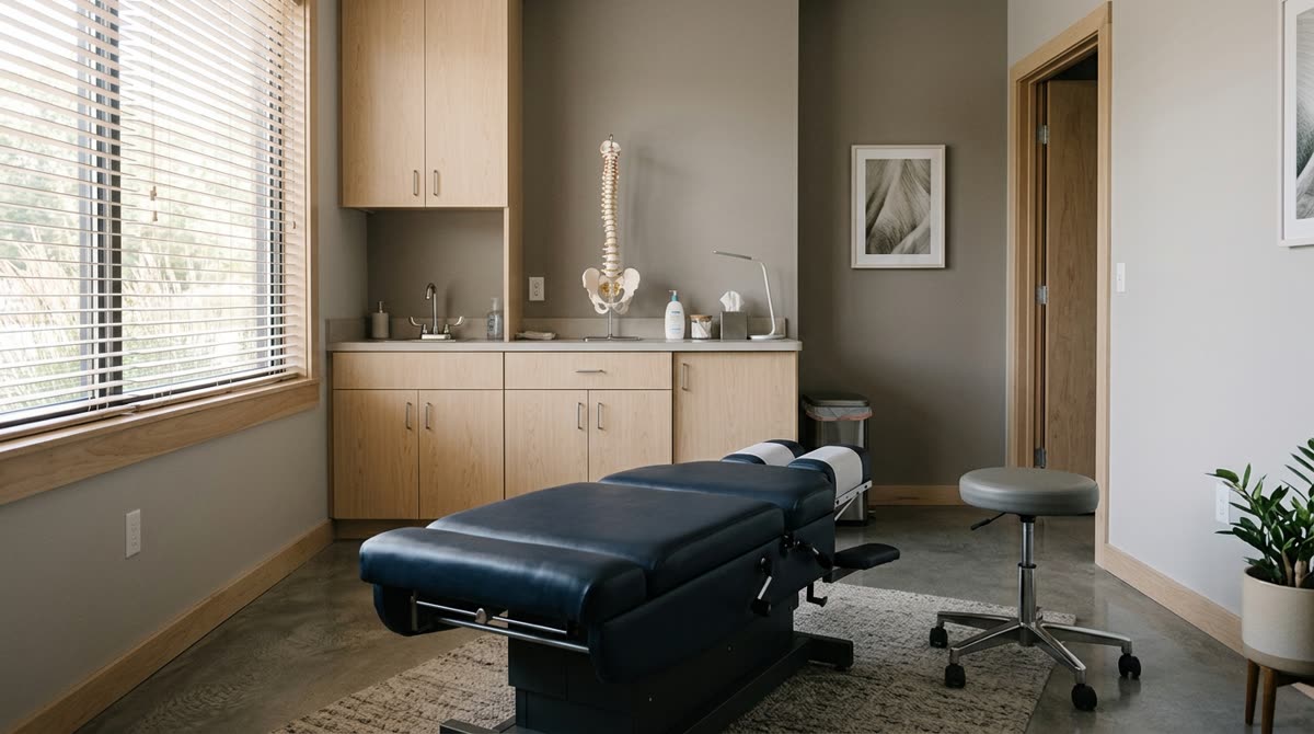 An empty chiropractic exam room with a padded treatment table, rolling stool and spine model on the counter.