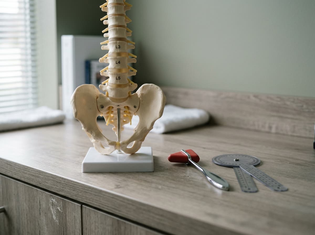 Close-up of a lumbar spine model on a counter next to a reflex hammer and a goniometer.