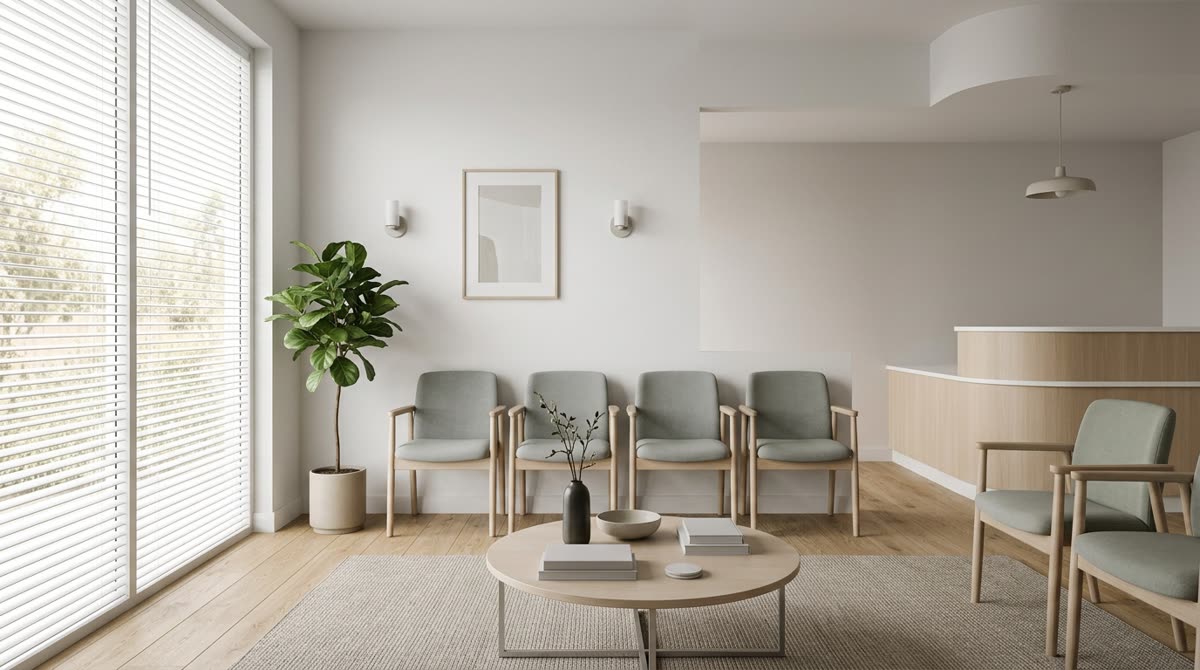 An empty clinic waiting area with upholstered chairs, a low table, a plant and a reception counter.