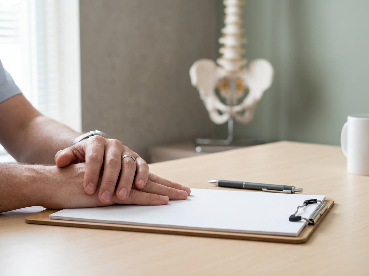 Hands rest on a clipboard of blank paper at a desk, with a blurred spine model behind.