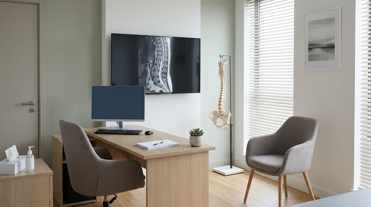 A consultation room with a desk, chairs, a wall screen showing a grayscale spine image and a spine model.