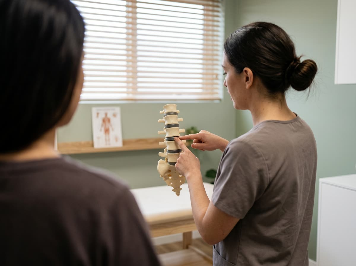 A clinician seen from behind points at a disc on a spine model while a patient listens.