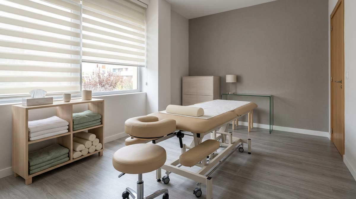 An empty treatment room with an adjustable padded table, a headrest, a stool and folded towels on a shelf.