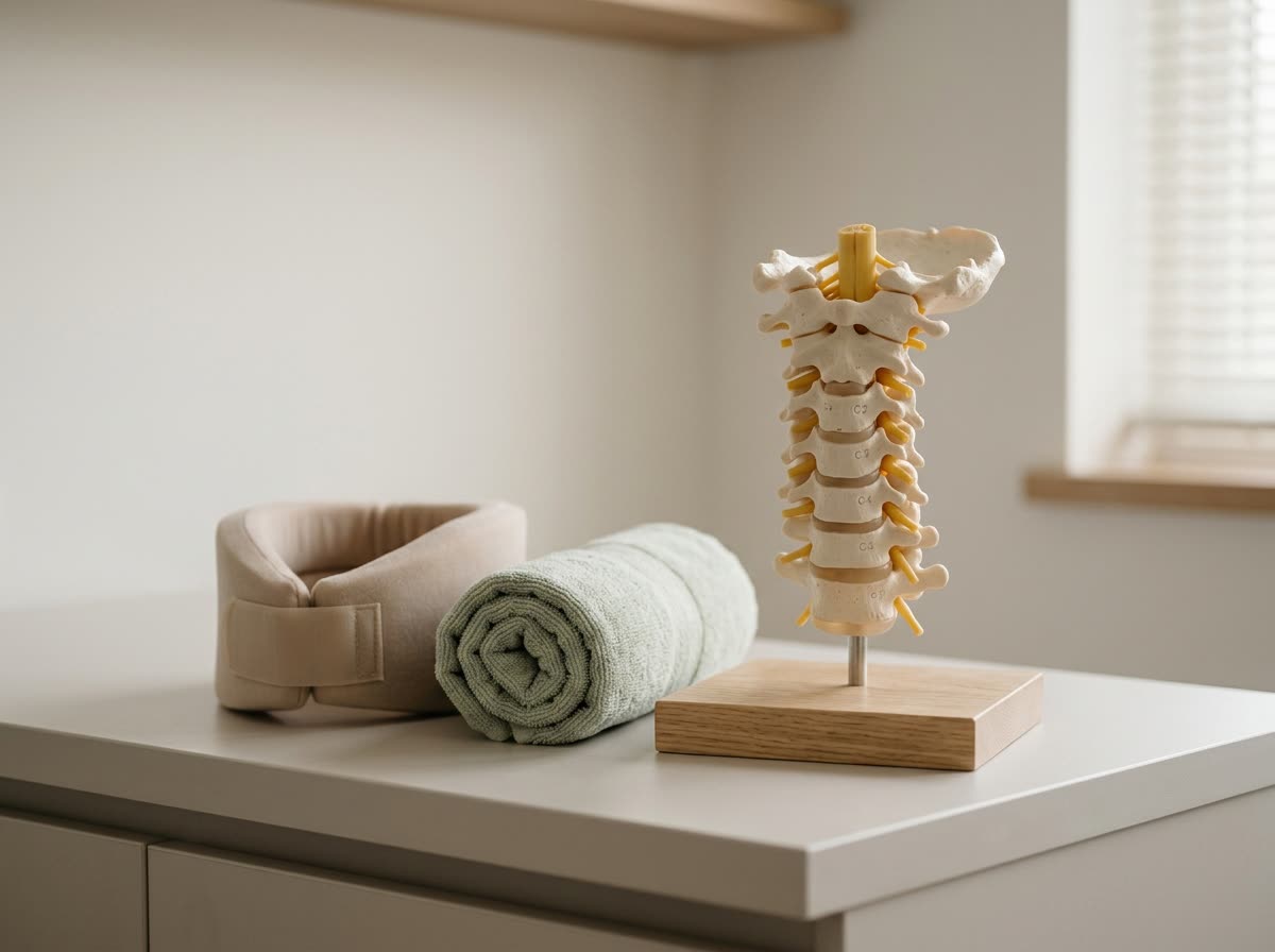 A cervical spine model on a stand beside a rolled towel and a foam neck collar on a counter.