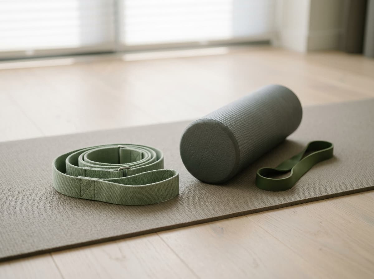 A coiled stretch strap, foam roller and resistance band resting on an exercise mat.