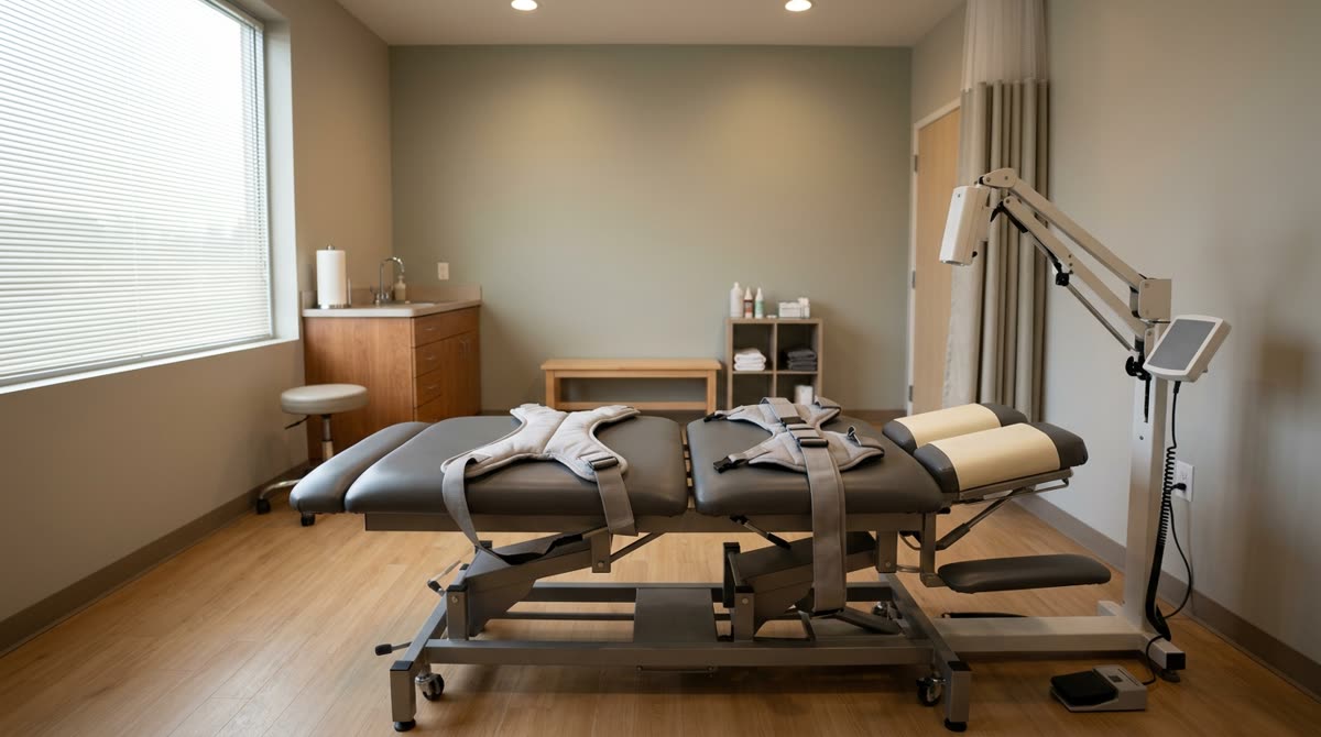 An empty treatment room with a motorised decompression table, padded harnesses and a control arm.
