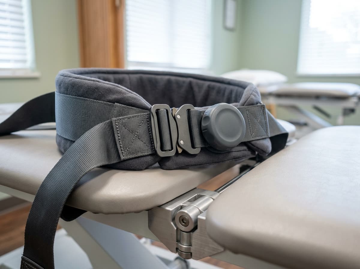 Close-up of the padded harness, webbing buckles and tension dial on a decompression table.