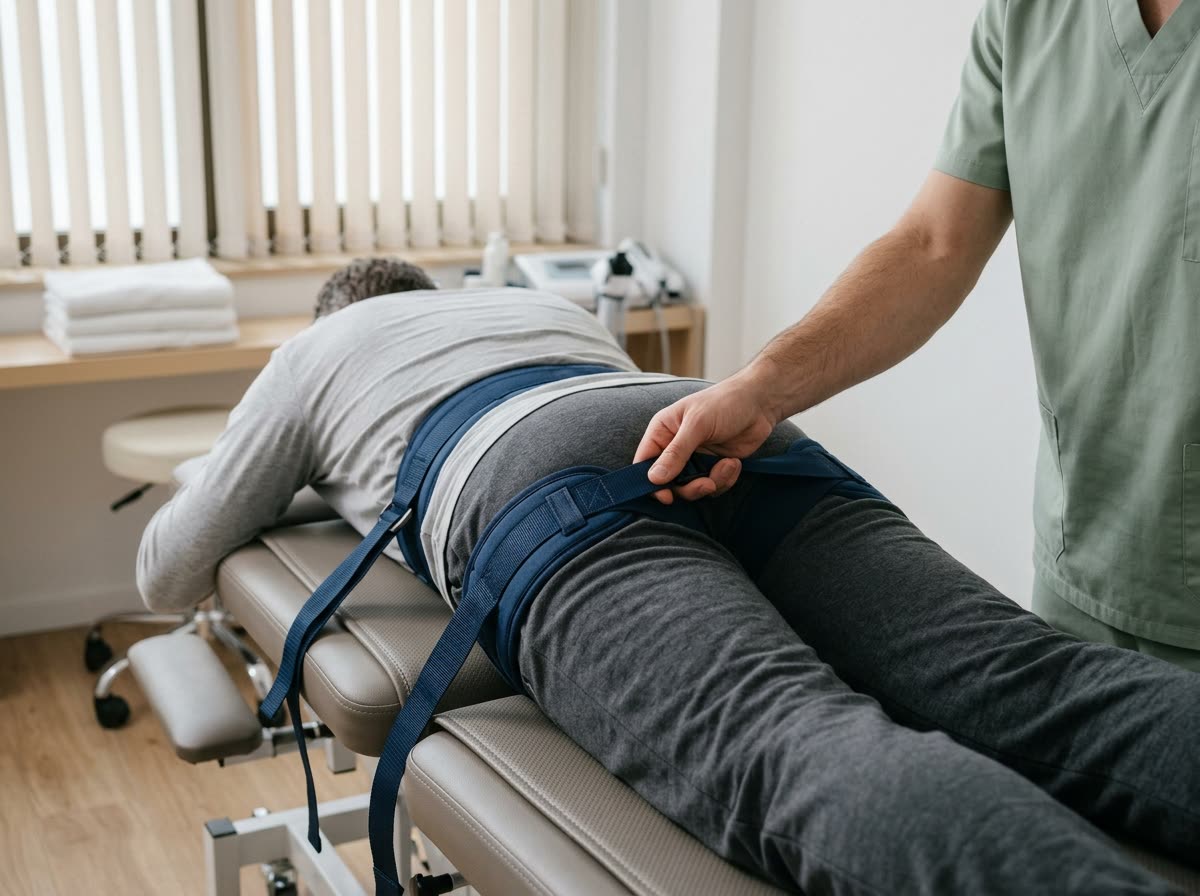 A person lies face-down on a traction table while a clinician adjusts the harness strap.