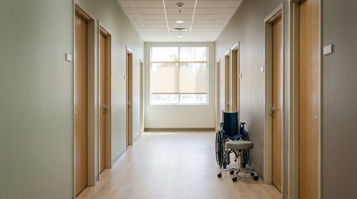 A clinic corridor with open doorways to treatment rooms and daylight from a window at the end.
